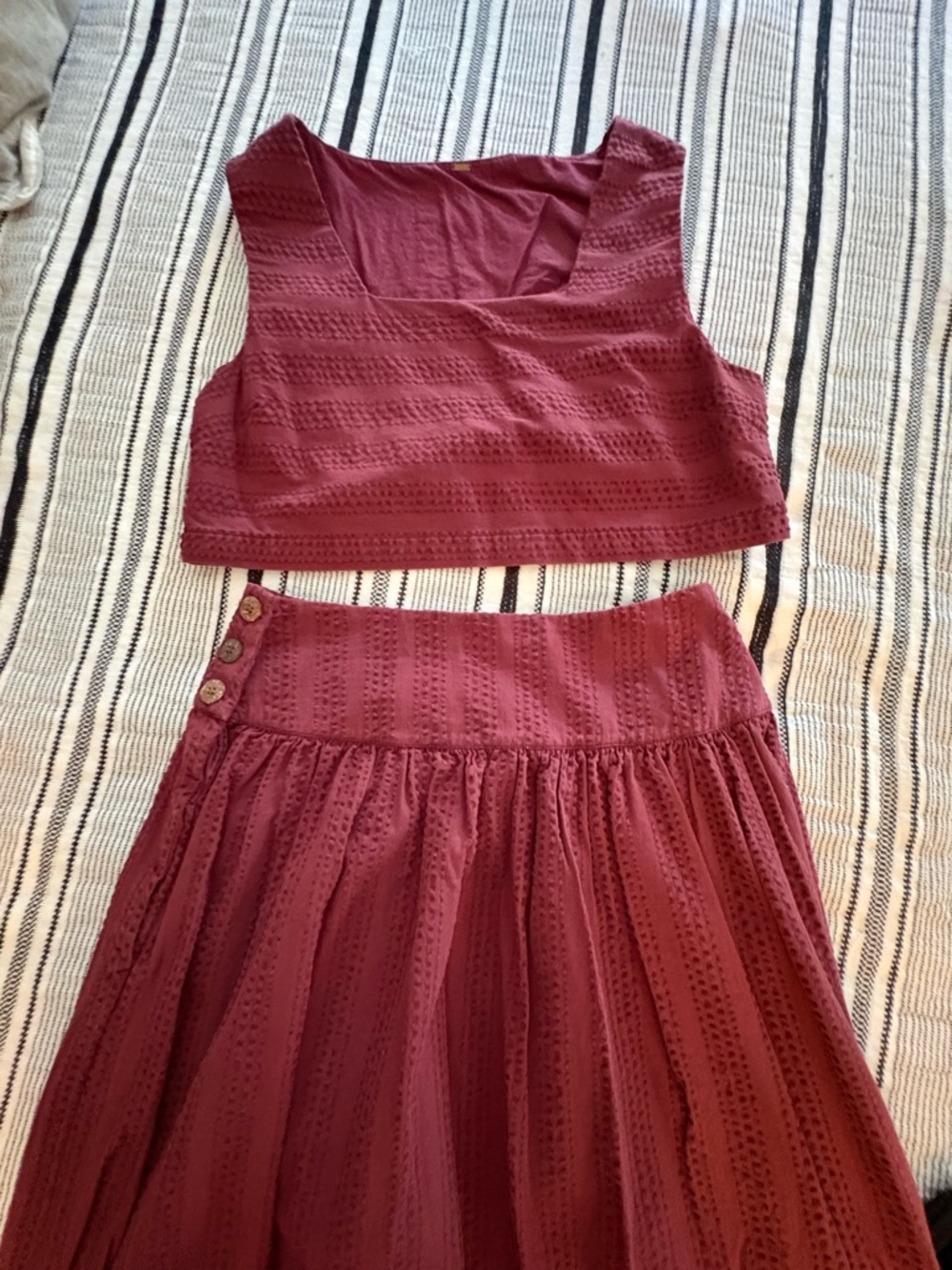 Free People Burgundy Seersucker Crop Top and Maxi Skirt Set